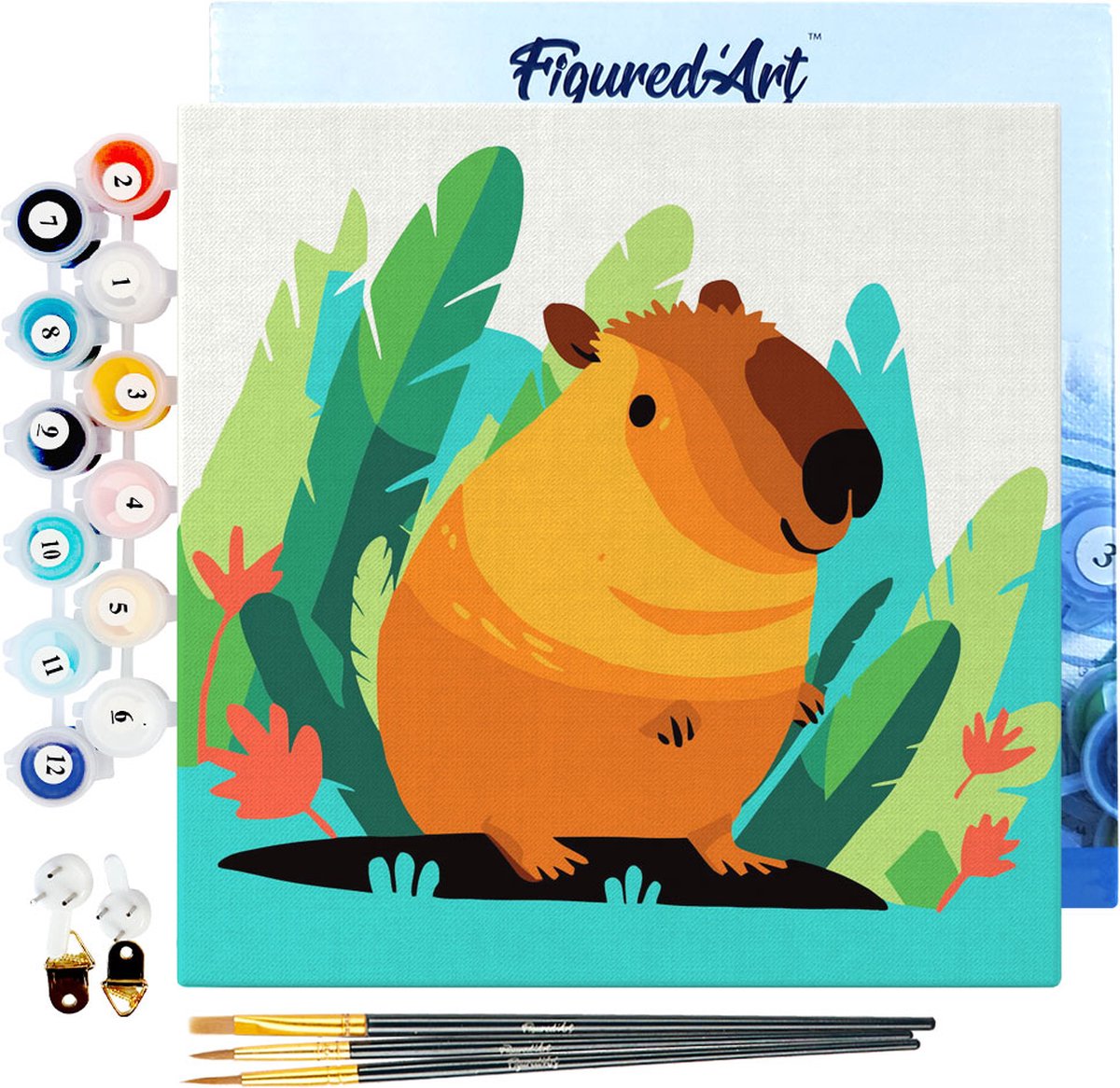 FiguredArt Mini Schilderen op Nummer Volwassenen 20x20cm met lijst Tropische Capibara - Klein Formaat Creatieve Hobby Kit DIY Art Nummer Compleet